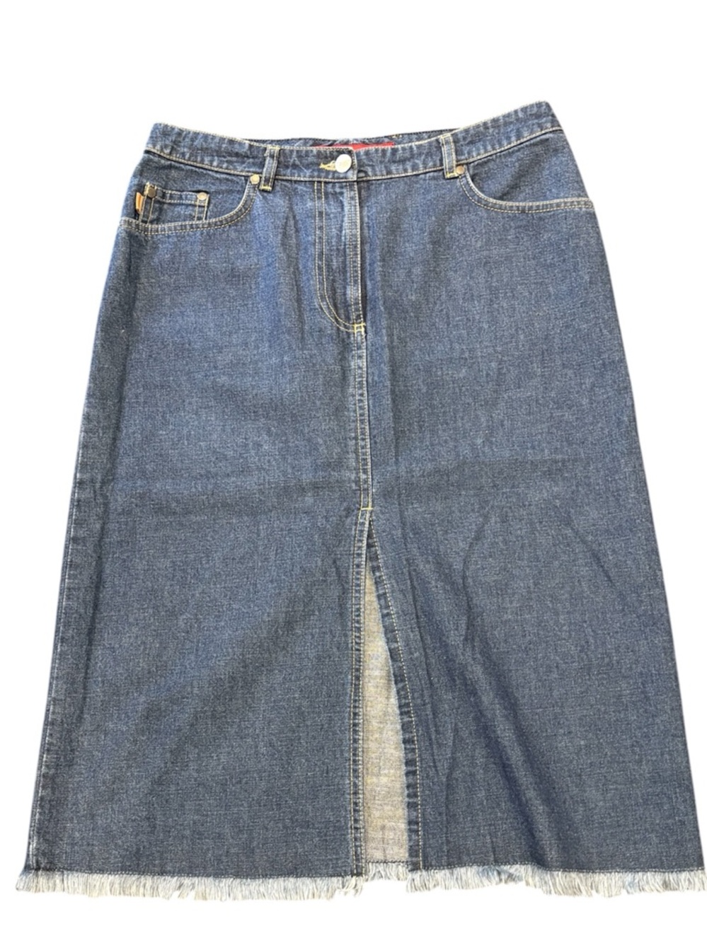 Fcuk French Connection UK midi denim skirt with front slit. Size 6